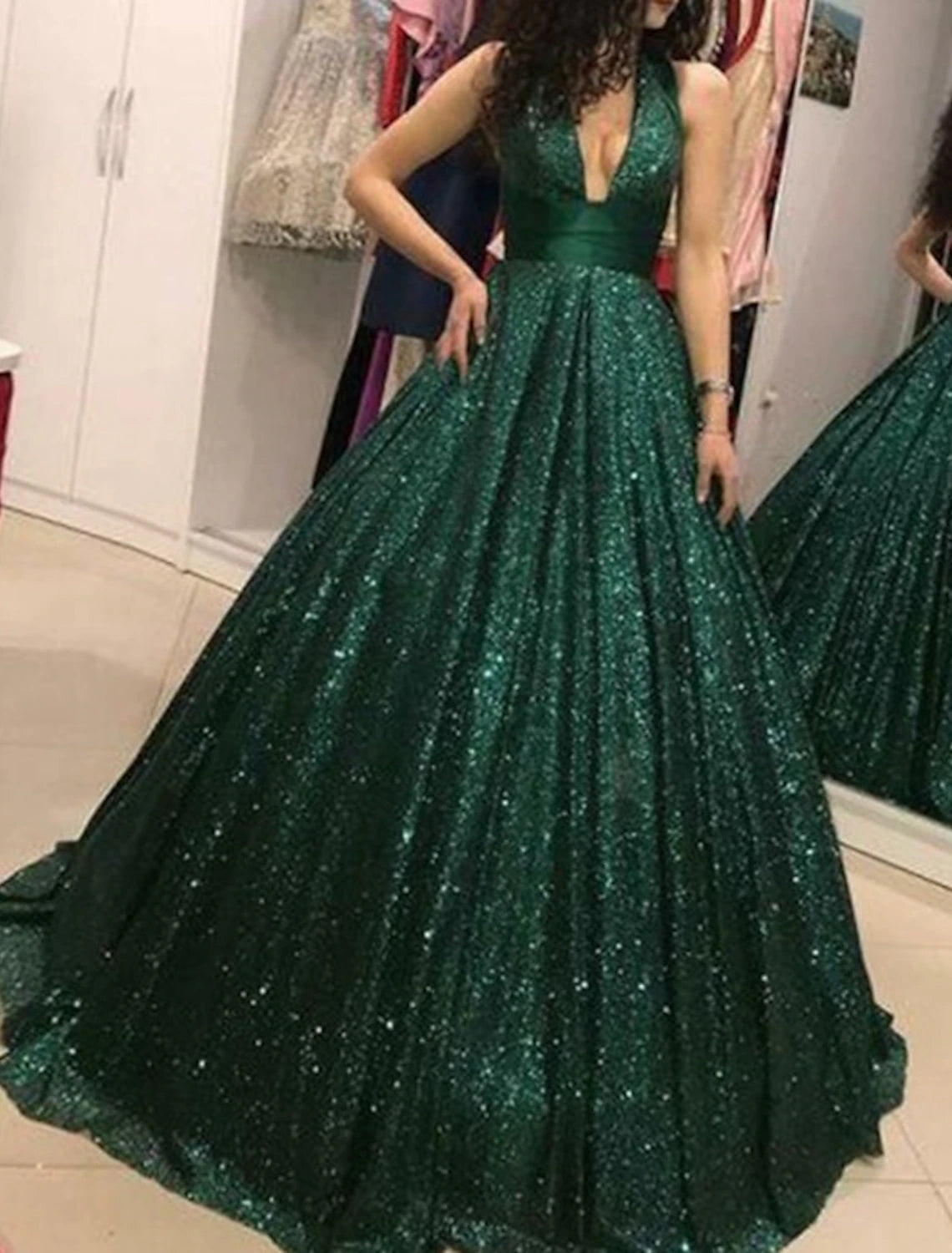 Ball Gown Prom Dresses Glittering Dress Wedding Party Birthday Floor Length Sleeveless V Neck Tulle with Sequin